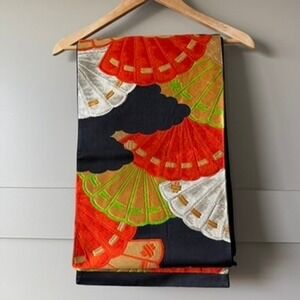 Vintage Japanese Fukuro Obi Silk Black Fan Gold Brocade‎ Kimono 163x12 Belt Sash